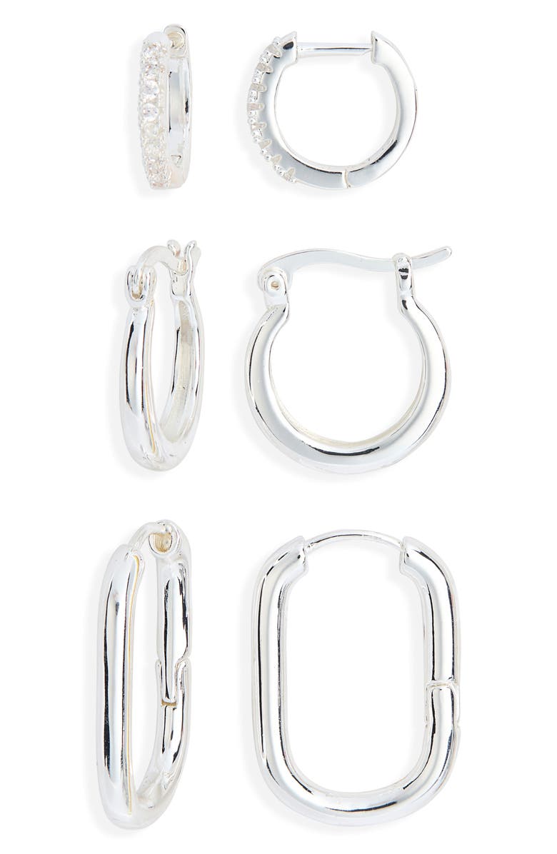 NORDSTROM RACK Demi Fine Set of 3 Cubic Zirconia Huggie Hoop Earrings, Main, color, Clear- Silver