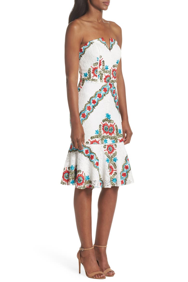 Hailey Embroidered Strapless Lace Dress, Alternate, color, WHITE MULTI