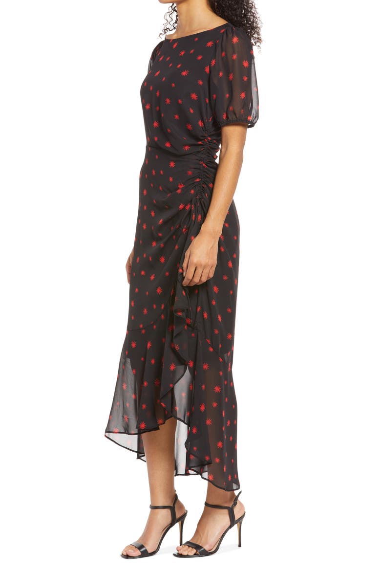 Ruched High-Low Midi Dress, Alternate, color, BLACK/MULT