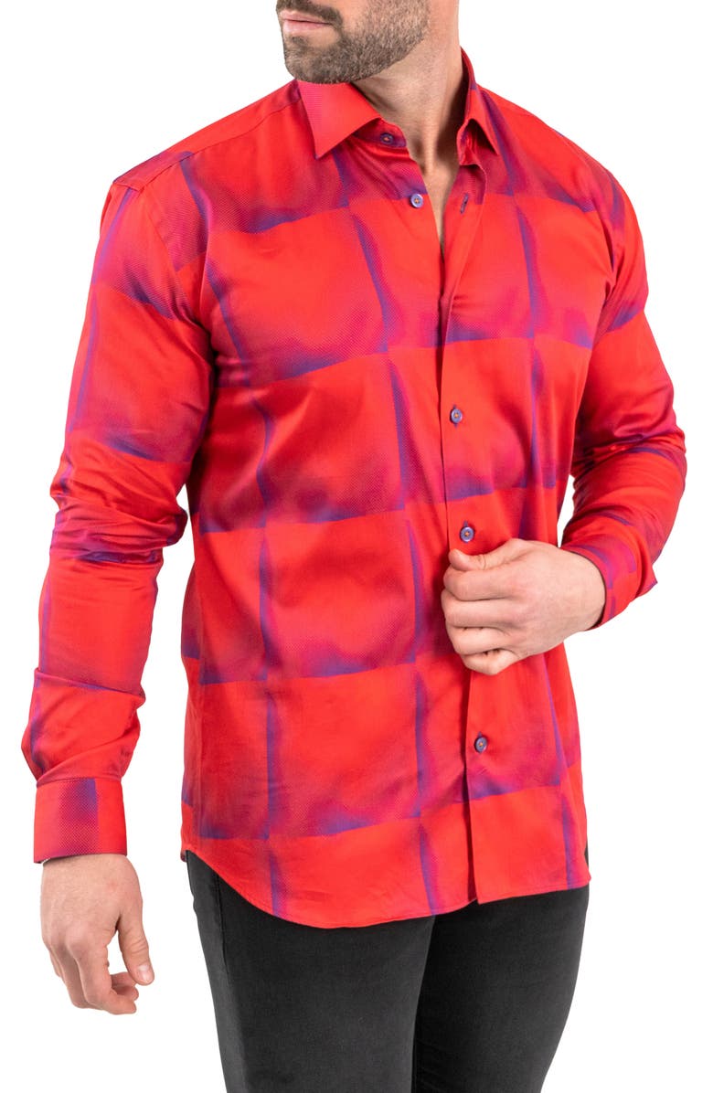 Maceoo Fibonacci Tile Print Contemporary Fit Button-Up Shirt, Alternate, color, Red