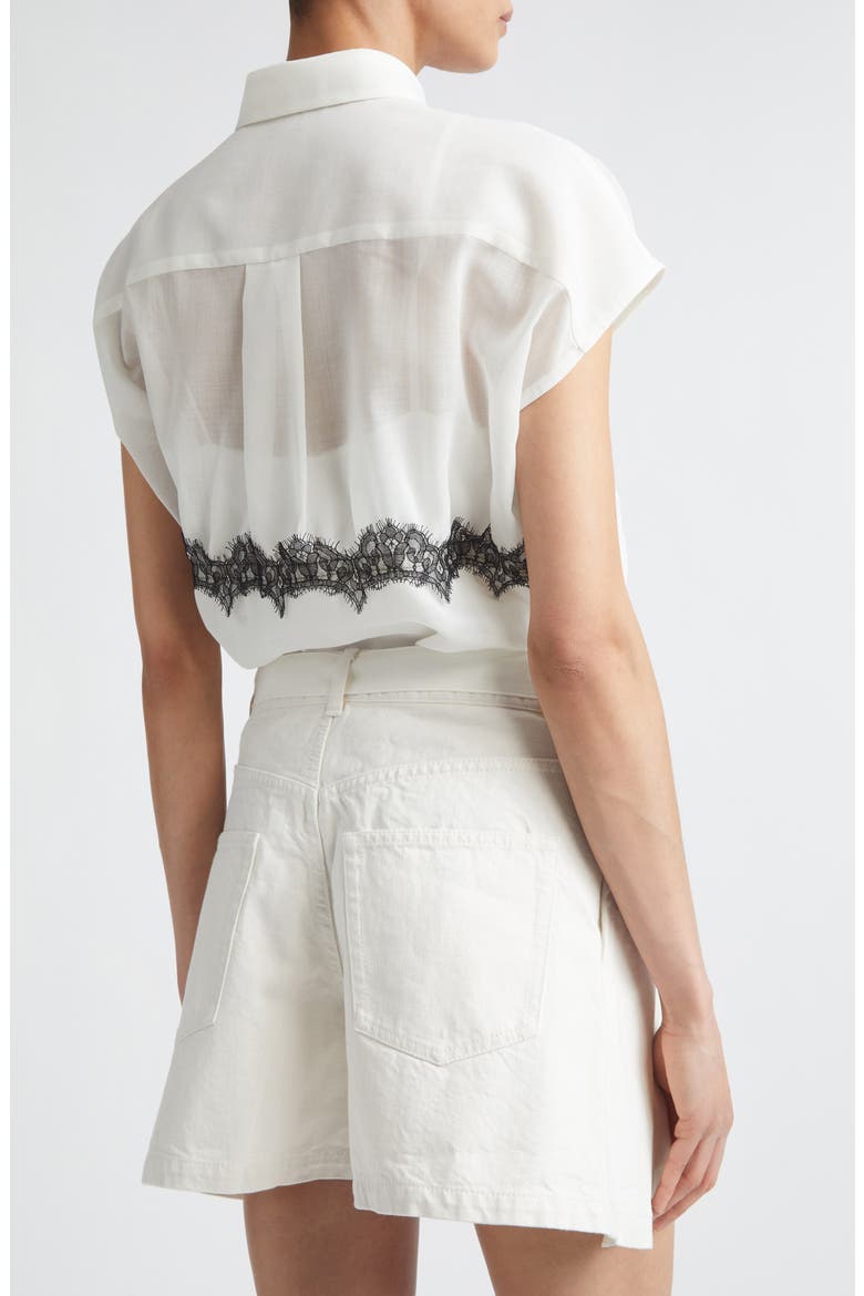 Lace Trim Cap Sleeve Organza Button-Up Shirt, Alternate, color, OFF WHITE