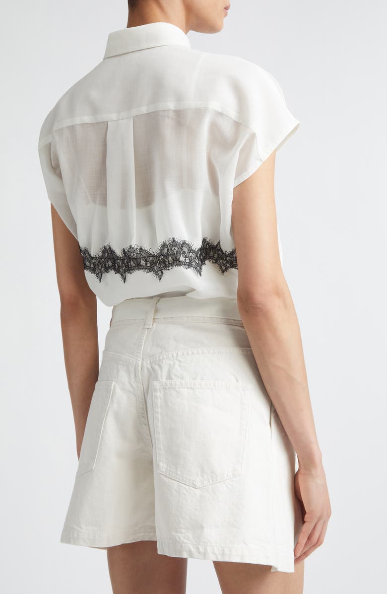 Sacai Lace Trim Cap Sleeve Organza Button-Up Shirt, Alternate, color, Off White