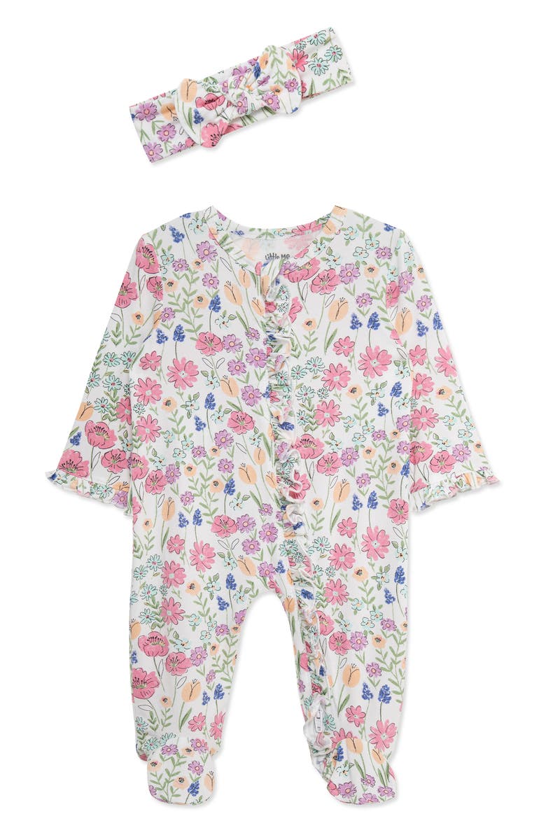 Little Me Meadow Print Zip Footie & Headband, Main, color, Pink