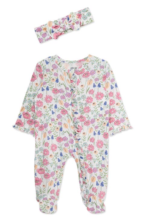 Meadow Floral Stretch Viscose Zip Footie & Headband (Baby) (Nordstrom Exclusive)
