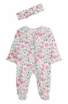 Little Me Meadow Floral Stretch Viscose Zip Footie & Headband Set