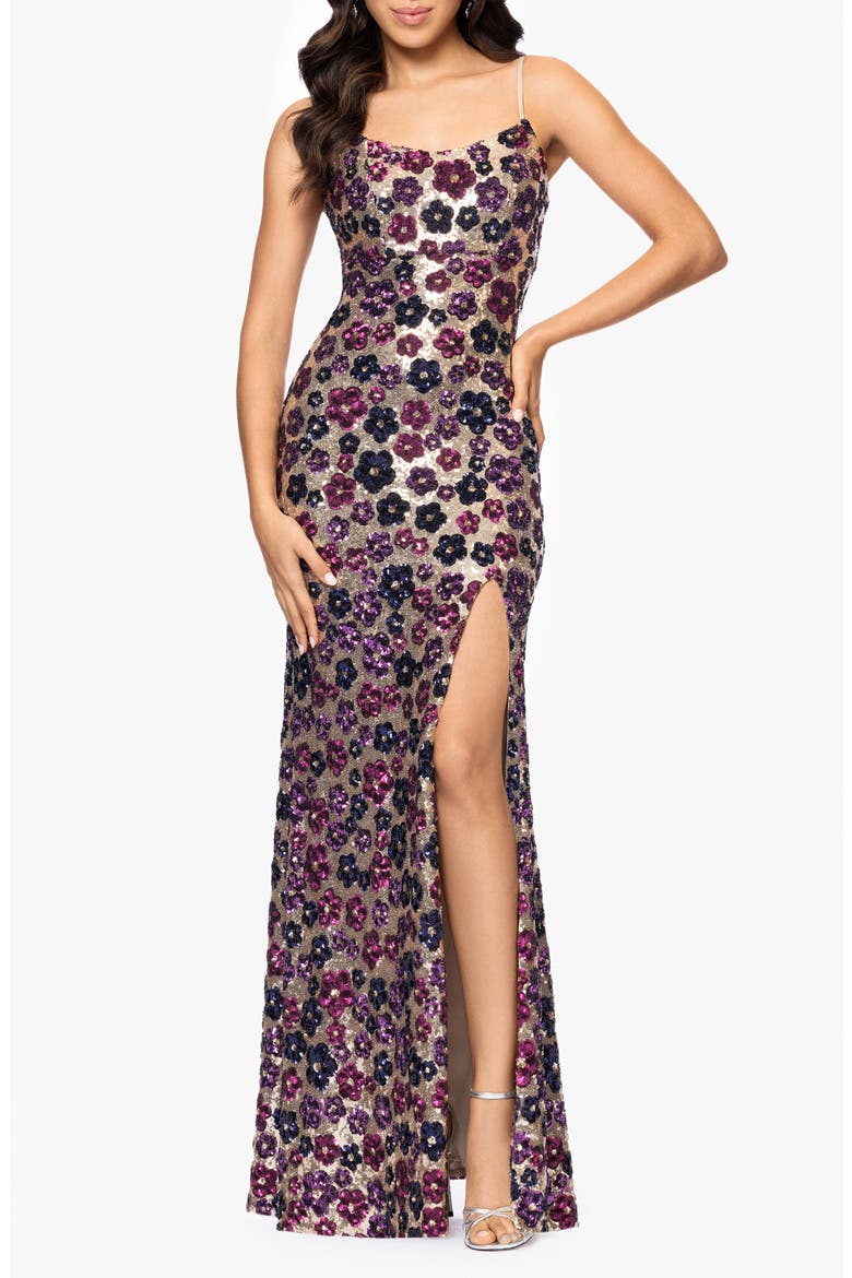 Floral Sequin Gown, Main, color, PLUM