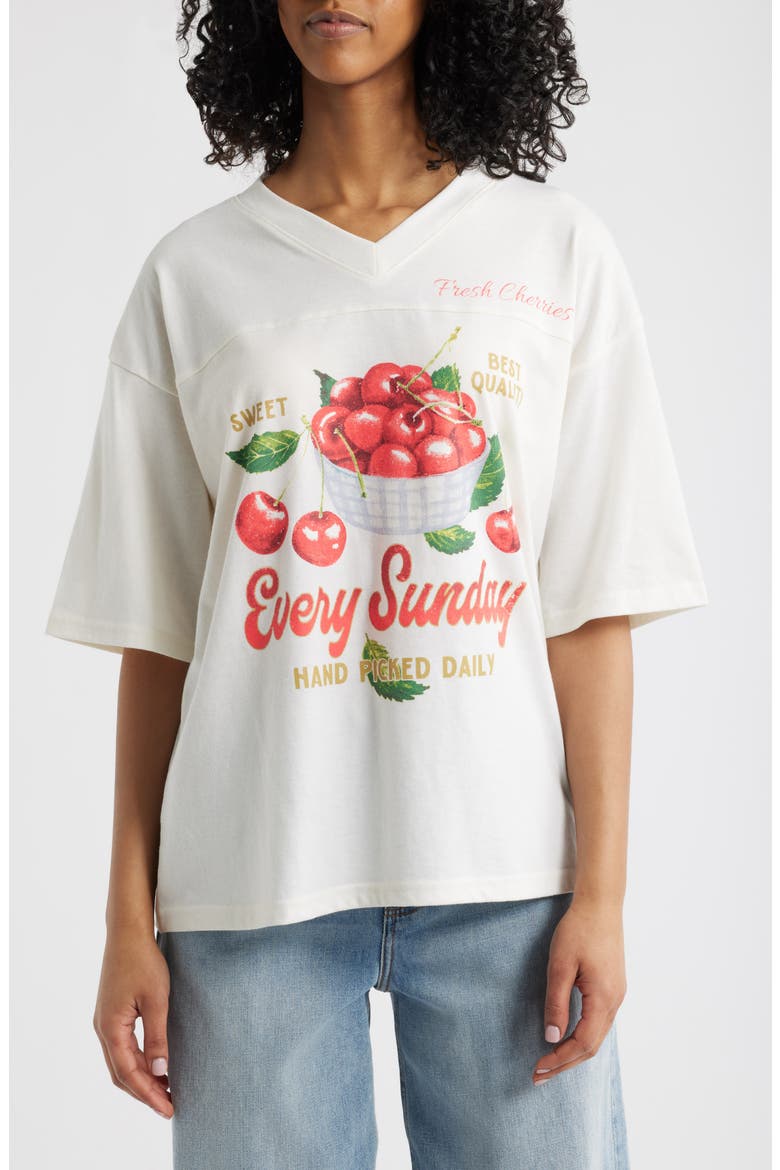 Fresh Cherries V-Neck Graphic T-Shirt, Main, color, MARSHMALLOW