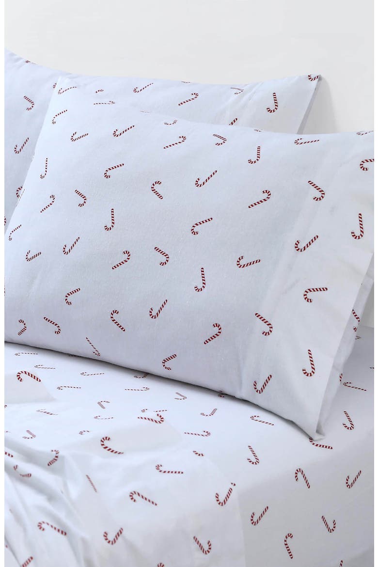 Candy Cane Cotton Flannel Sheet Set, Alternate, color, DEEP RED