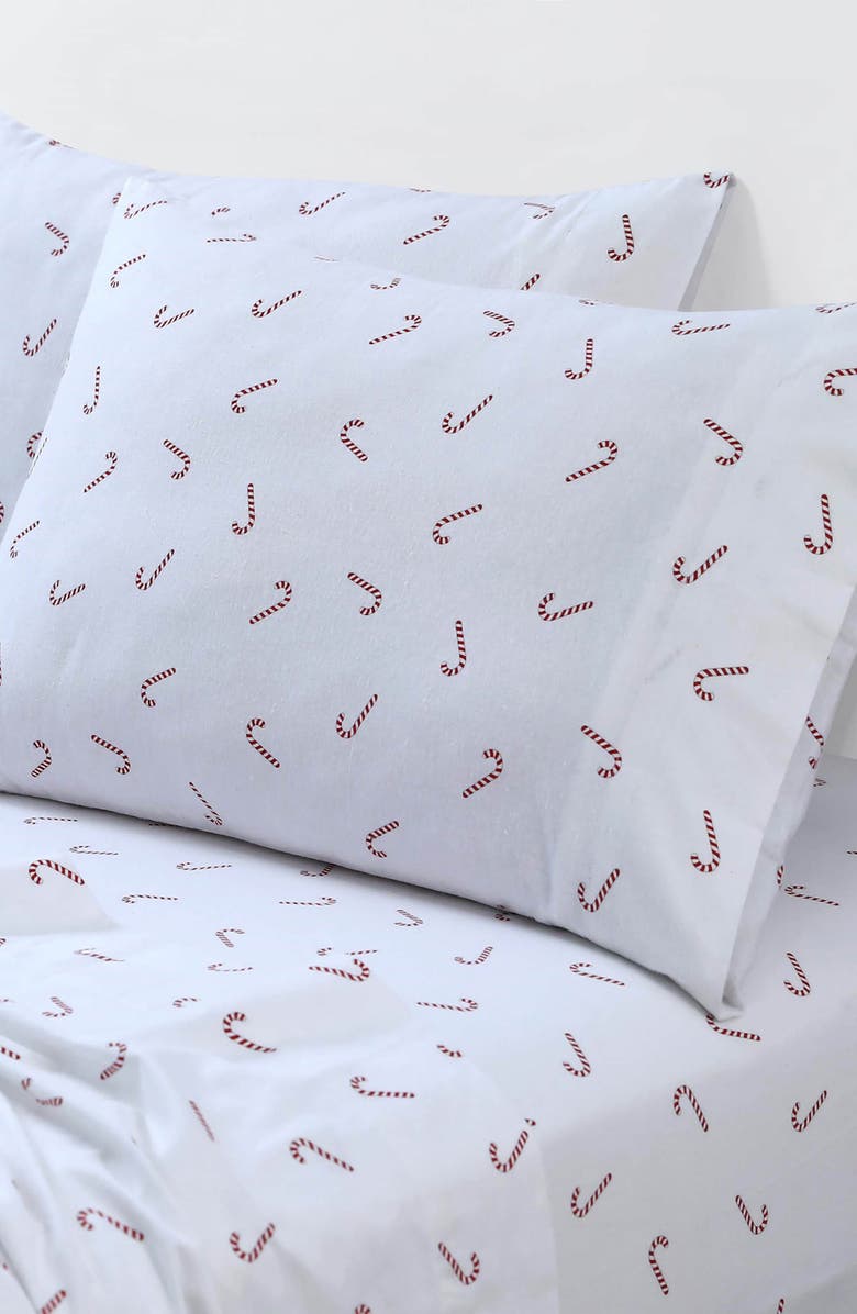 AZORES HOME Candy Cane Cotton Flannel Sheet Set, Alternate, color, Deep Red