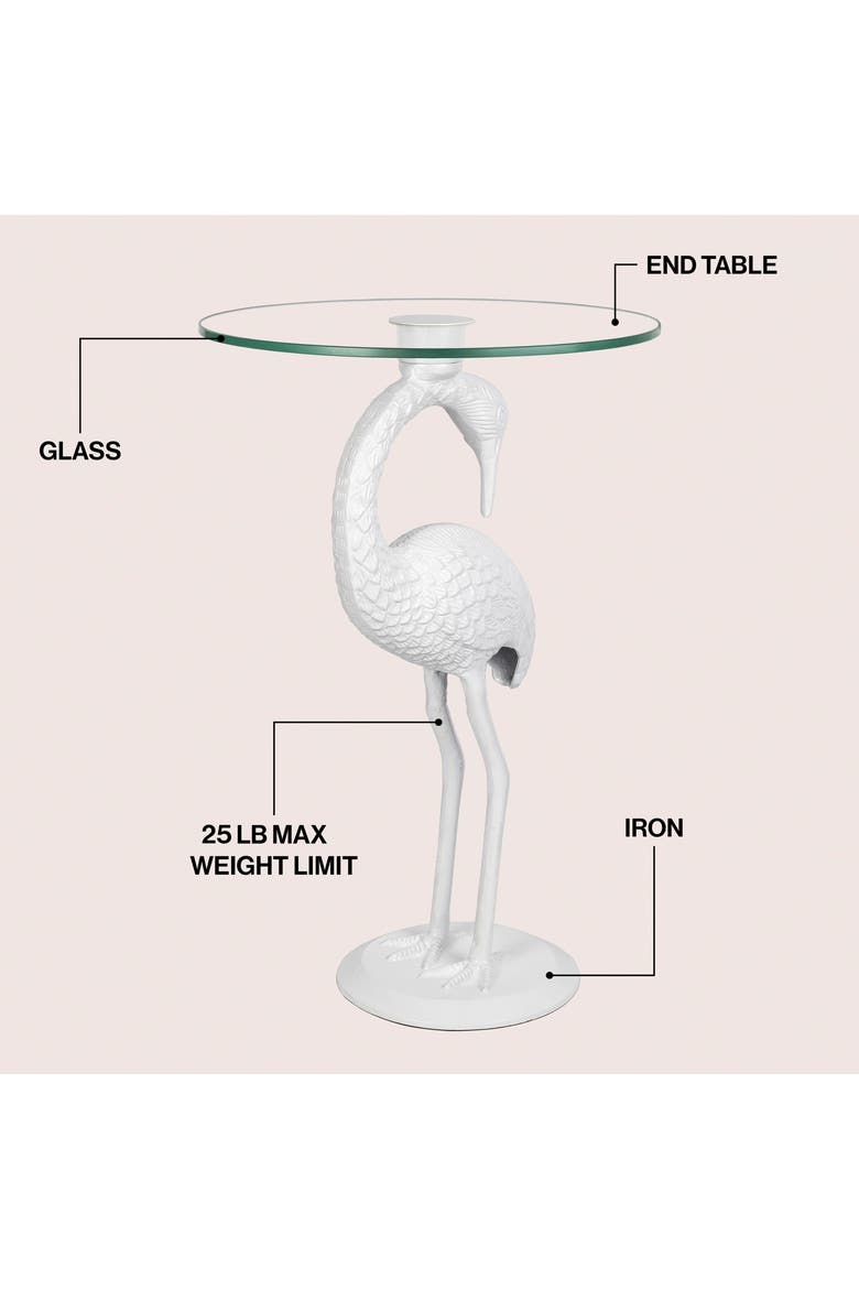 Blanche Coastal Flamingo Accent End Table, Round Glass Top Iron Base, Whimsical Side Table for Living Room, Alternate, color, White/Clear