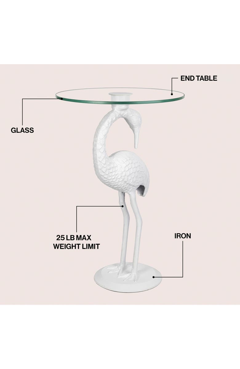 JONATHAN Y Blanche Coastal Flamingo Accent End Table, Round Glass Top Iron Base, Whimsical Side Table for Living Room, Alternate, color, White/Clear