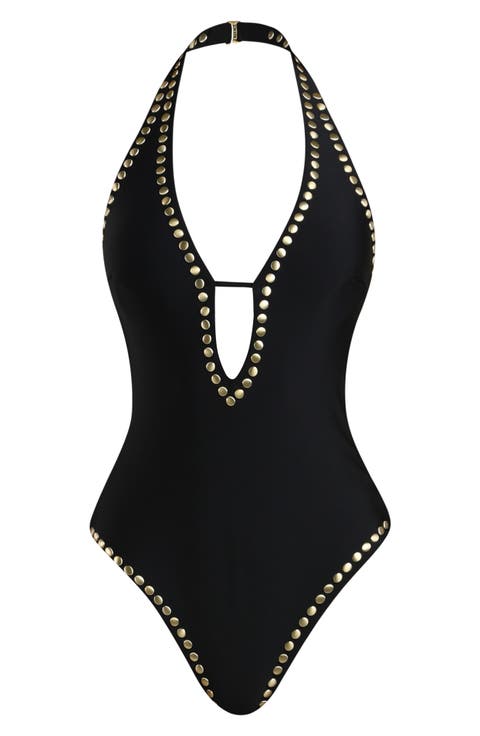 Brea Studded Plunge Halter One-Piece Swimsuit