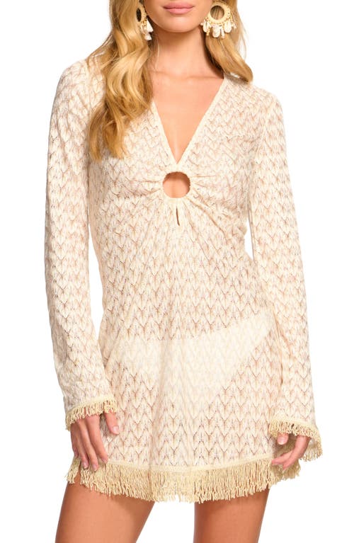 Shop Ramy Brook Cassie Zigzag Long Sleeve Knit Cover-up Dress In White/gold Zig Zag