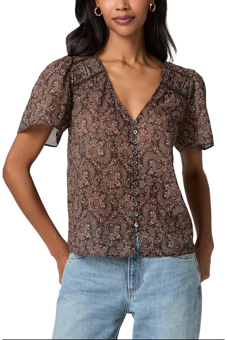 Elodie Paisley Button Up Cotton Top, Main, color, DARK BROWN MULTI