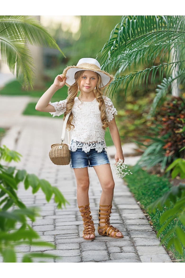Girls Lovely In Lace Denim Shorts Set, Alternate, color, Beige