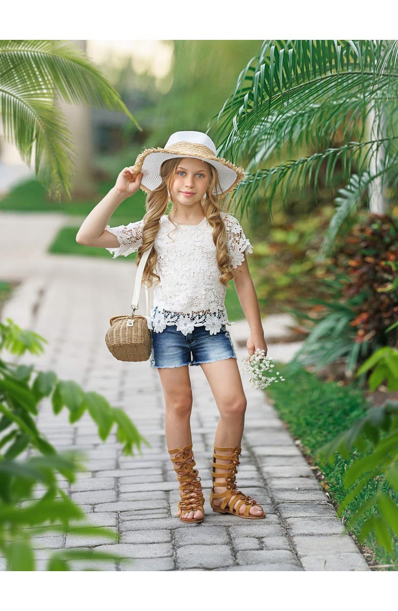 Mia Belle Girls Girls Lovely In Lace Denim Shorts Set, Alternate, color, Beige