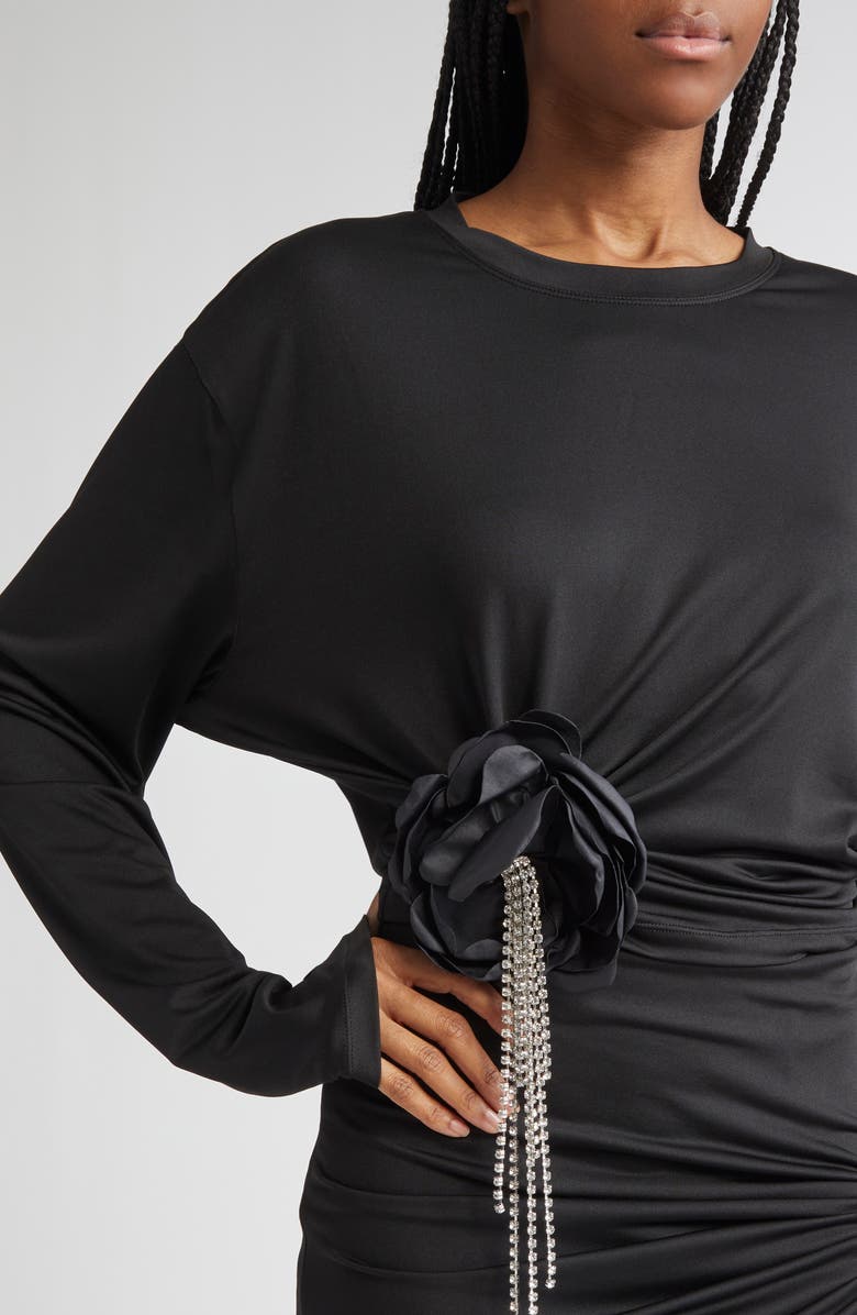 Area Crystal Flower Draped Long Sleeve Crop Top, Alternate, color, Black