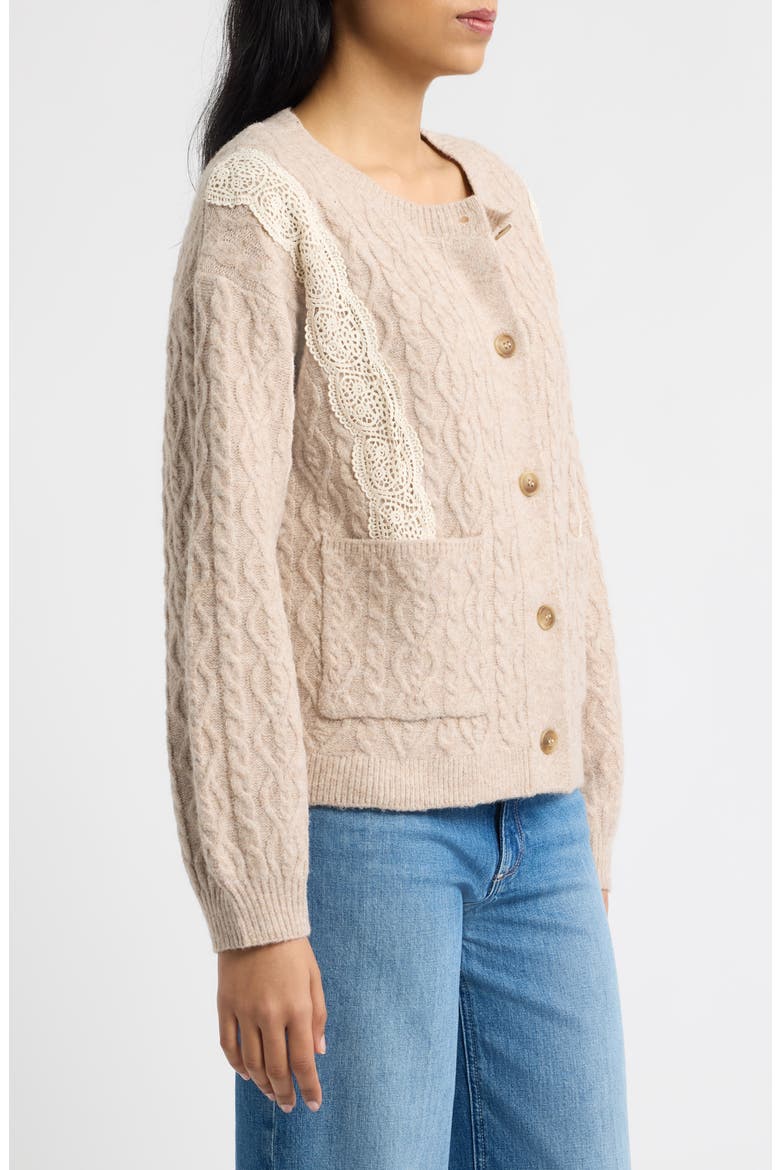 Lace Trim Cable Stitch Cardigan, Alternate, color, HEATHER TAUPE/ NATURAL