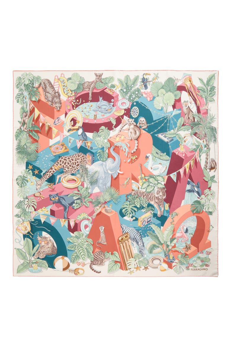Jungle Party Silk Foulard Square Scarf, Main, color, RUST/ PETROLIO