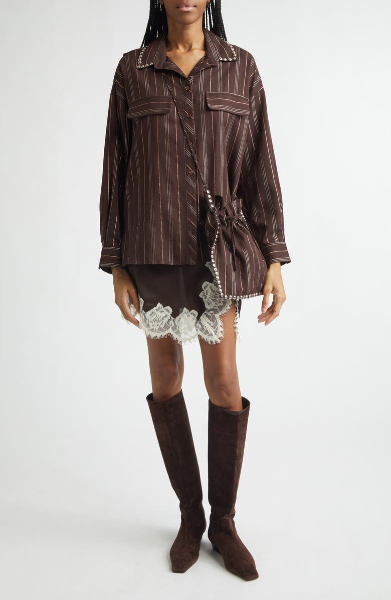 Siedrés Monina Metallic Stripe Button-Up Shirt with Removable Crossbody Pouch, Alternate, color, Dark Brown