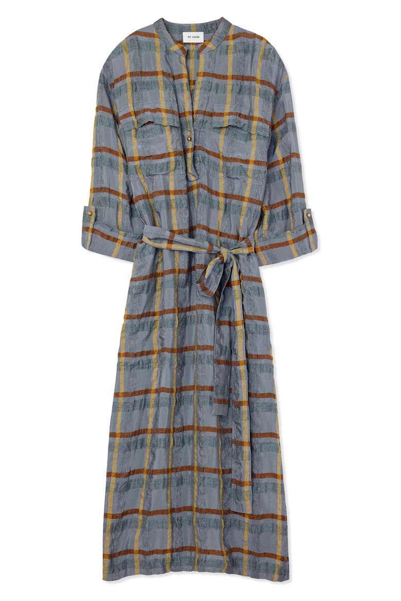 Check Belted Seersucker Midi Shirtdress, Alternate, color, TAHOE SLATE/ SADDLE MULTI