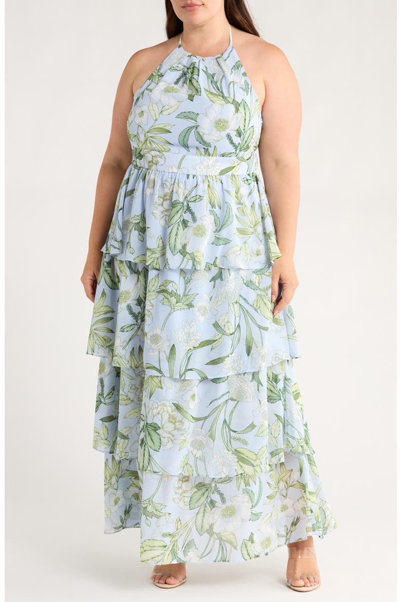 Serenade Tiered Halter Maxi Dress, Main, color, BLUE/ WHITE/ GREENS