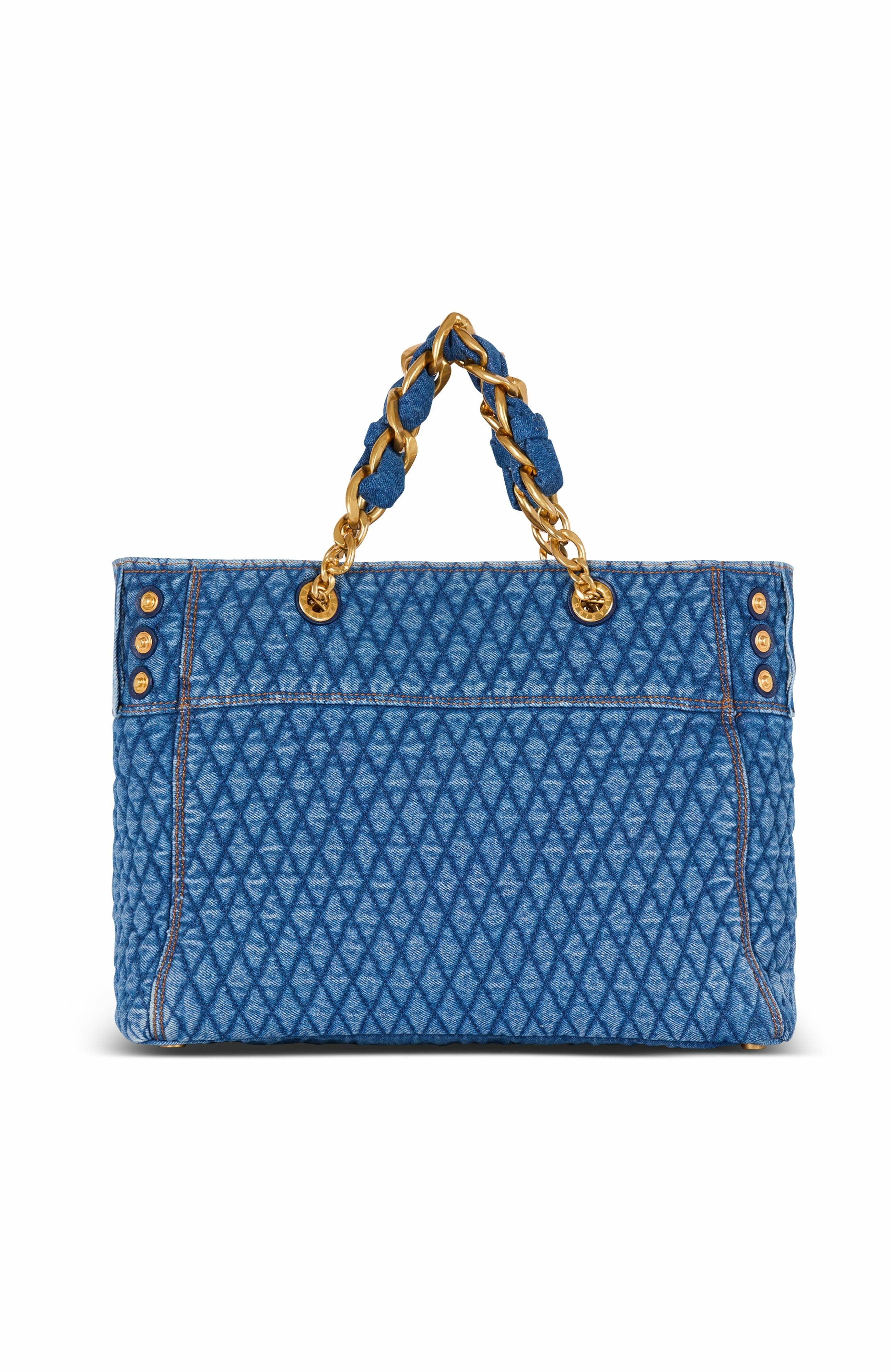 Balmain 1945 Soft Tote Bag In Diamond-Quilted Denim, Alternate, color, 