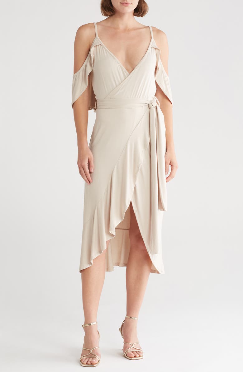 GO COUTURE Cold-Shoulder Wrap Dress, Main, color, Sand