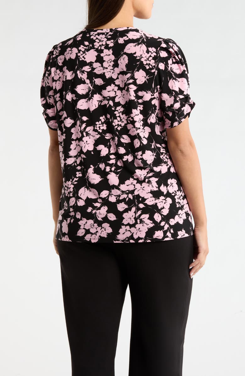 AK ANNE KLEIN Print Pleat Short Sleeve Top, Alternate, color, Anne Black/ Peony Pink