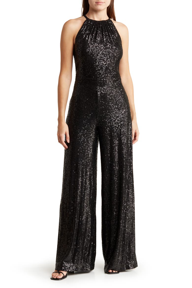 Sequin Halter Wide Leg Jumpsuit, Main, color, BLACK