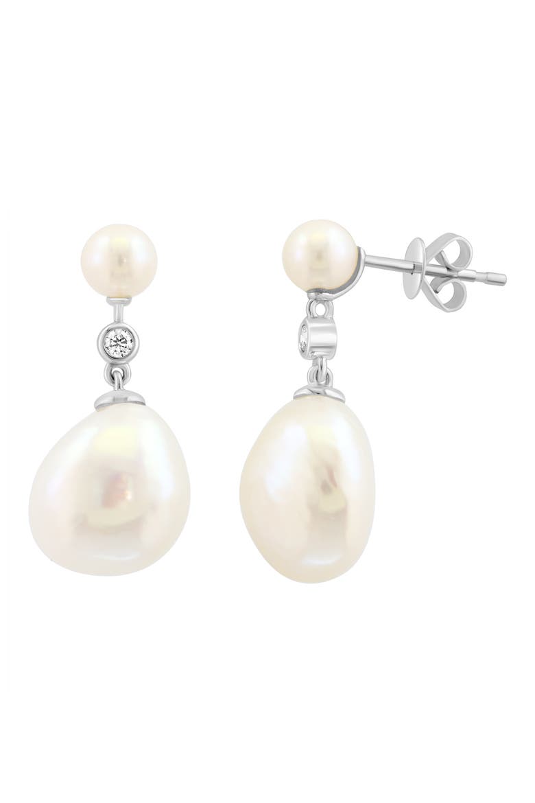 14K White Gold Diamond & Freshwater Pearl Drop Earrings, Main, color, WHITE