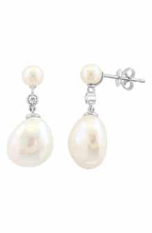 EFFY 14K White Gold Diamond & Freshwater Pearl Drop Earrings