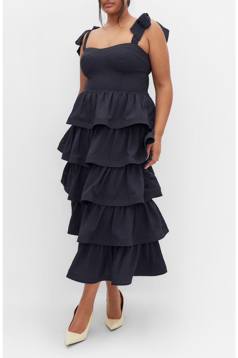 Elina Tie Strap Tiered Midi Dress, Main, color, NAVY