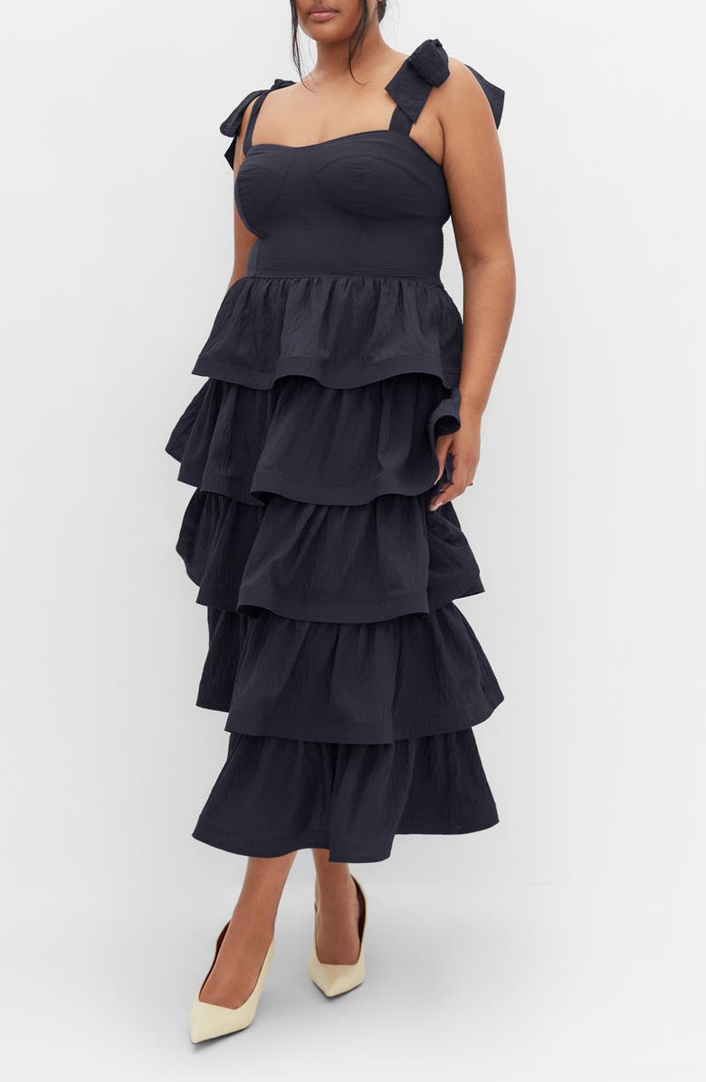 City Chic Elina Tie Strap Tiered Midi Dress, Main, color, Navy