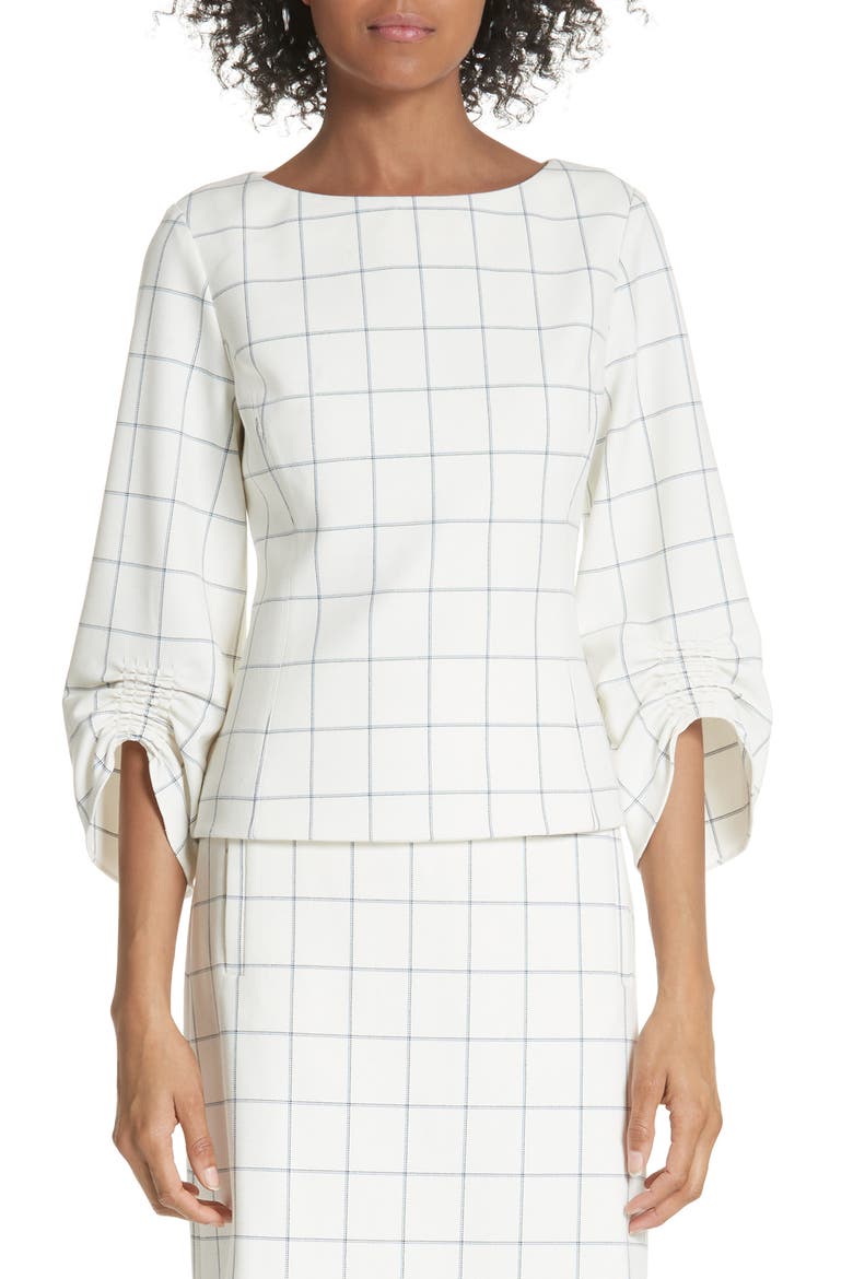 Windowpane Plaid Ruched Cuff Top, Main, color, IVORY MULTI