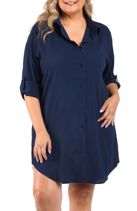 Crinkle Crepe Swim Cover-Up Camp Shirt