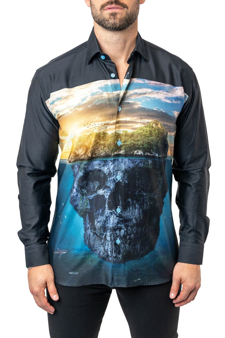 Fibonacci Skull Island Cotton Button-Up Shirt, Main, color, BLACK