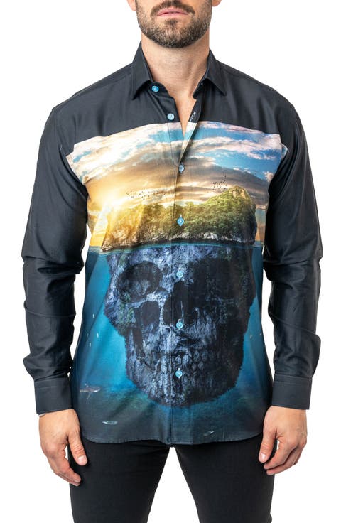 Fibonacci Skull Island Cotton Button-Up Shirt