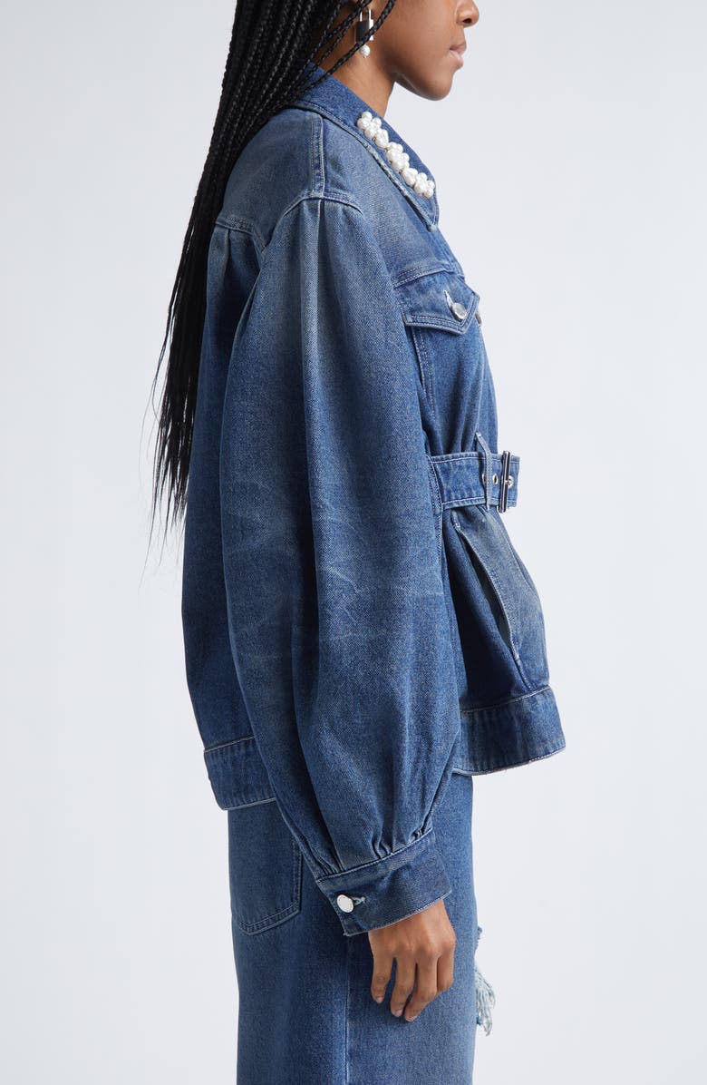 Simone Rocha Faux Pearl Detail Belted Denim Jacket, Alternate, color, Distressed Blue/ Pearl