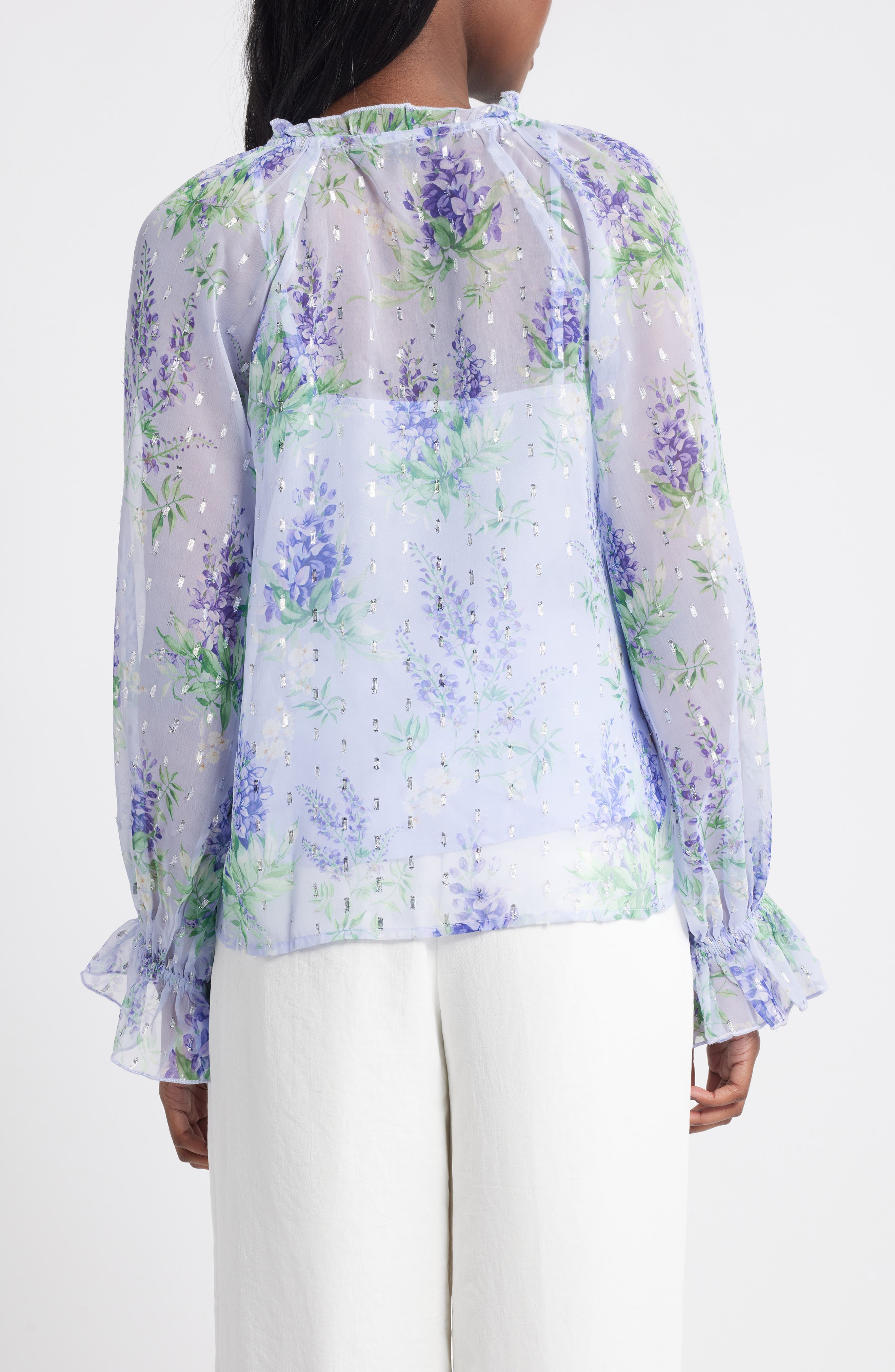 Floral Ruffle Clip Dot Chiffon Top - image 2