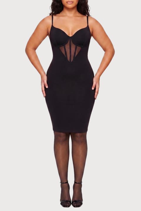 Shapewear Mesh Corset Panel Built-In Sculpting Midi Dress