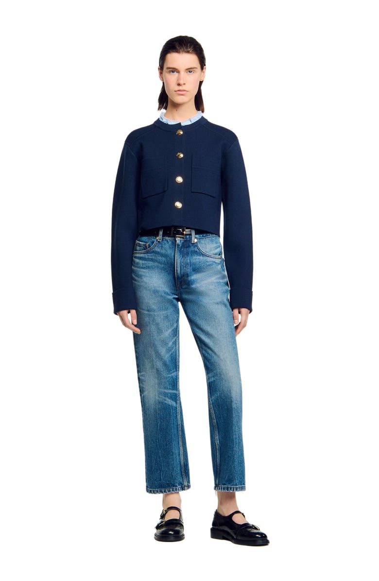 SANDRO Cardigan with detachable ruffle collar, Alternate, color, Navy Blue