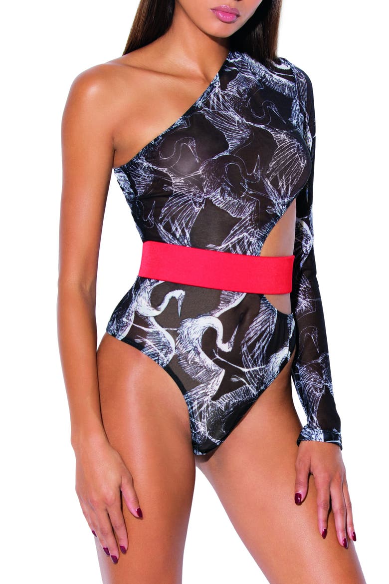 Cutout One-Shoulder Bodysuit, Main, color, BLACK