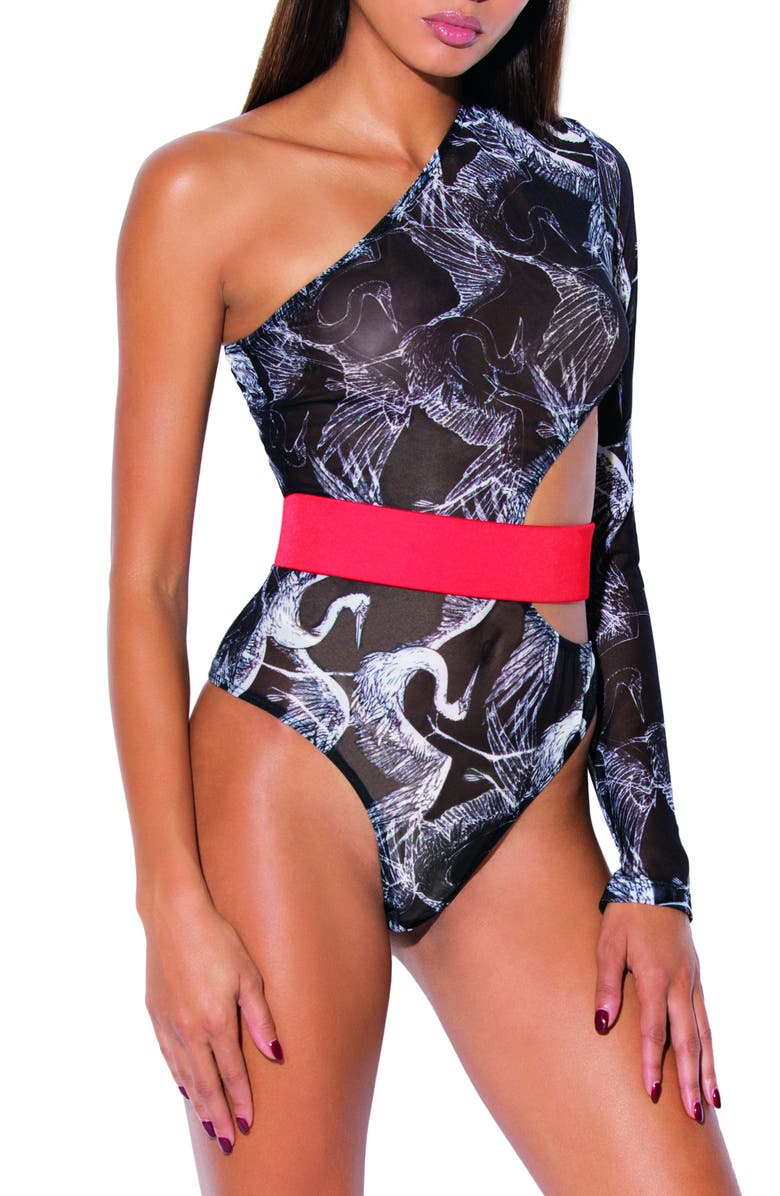 Hauty Cutout One-Shoulder Bodysuit, Main, color, Black