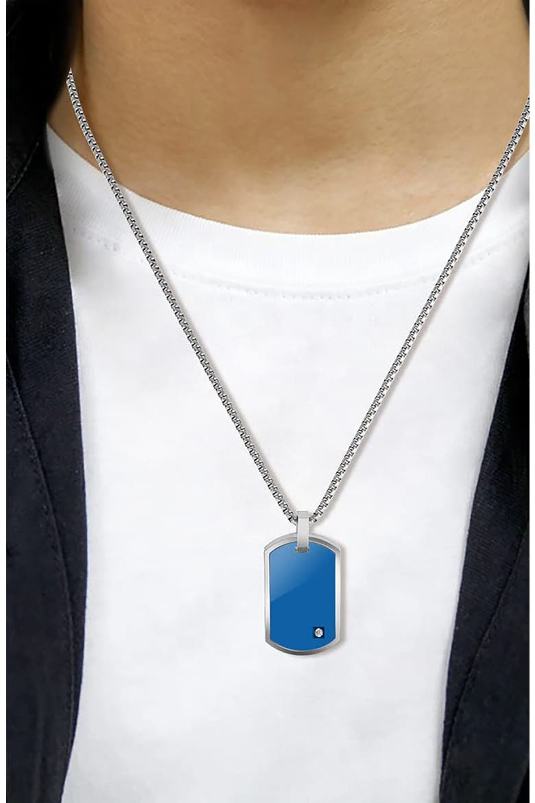 Men's Stainless Steel Cubic Zirconia Dog Tag Pendant Necklace, Alternate, color, BLUE