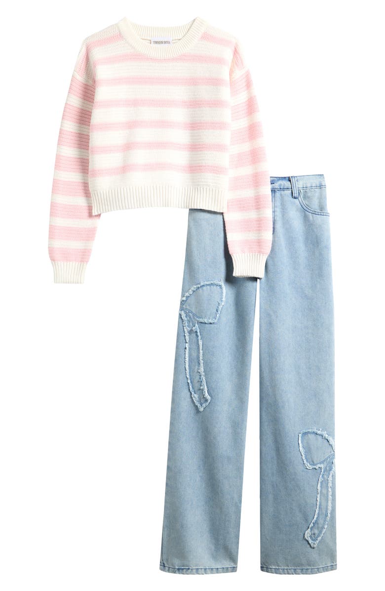 Tween Diva Kids' Stripe Sweater & Wide Leg Jeans Set, Main, color, 
