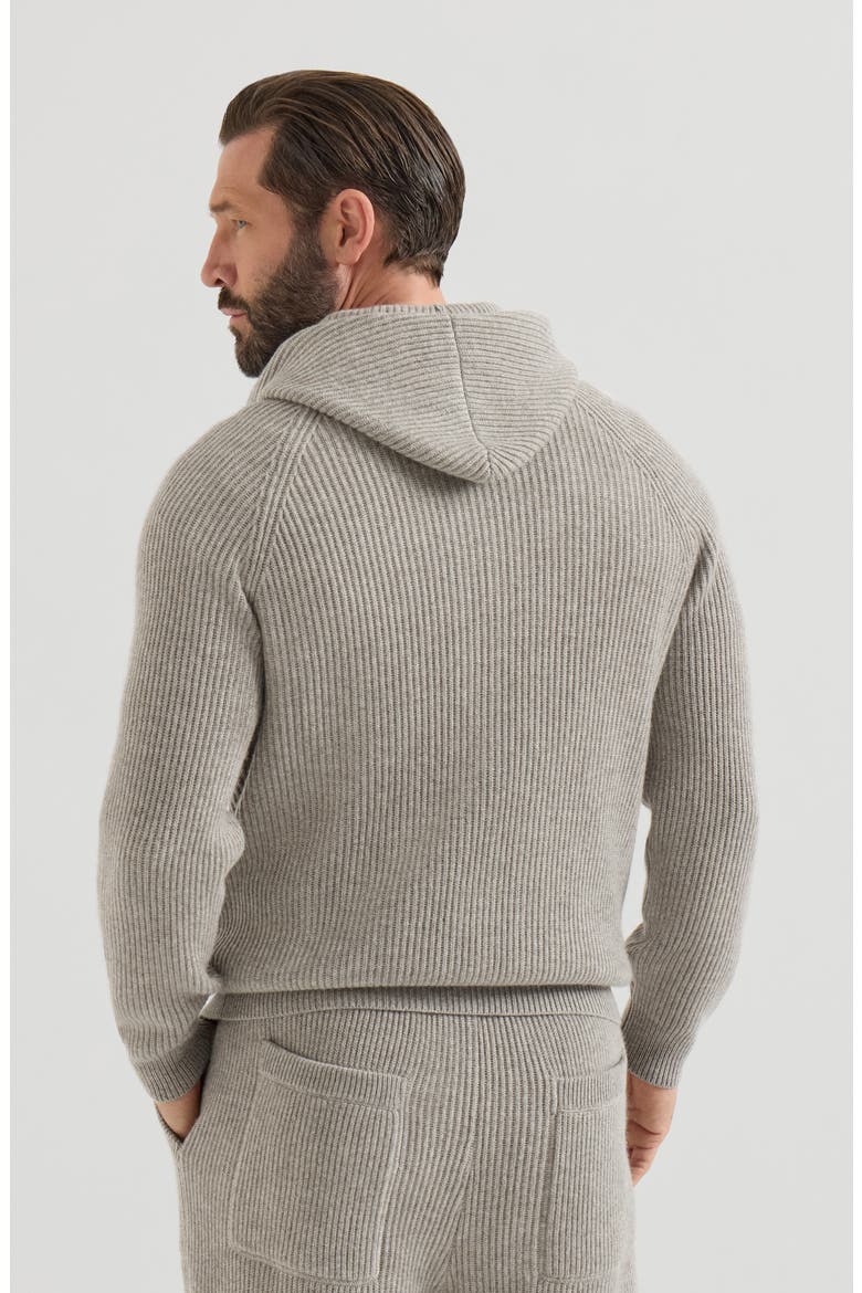 Cashmere English rib hooded knit sweatshirt with logo and zipper, Alternate, color, Stone Grey
