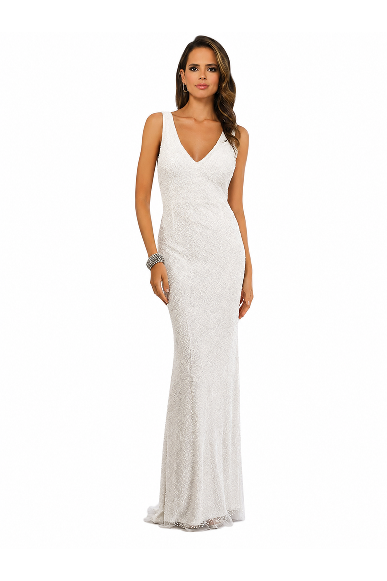 Erika Beaded Draped Cowl Back V-Neck Wedding Dress, Main, color, Ivory