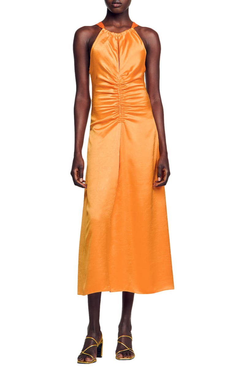 SANDRO Courtney Satin Midi Dress, Main, color, 