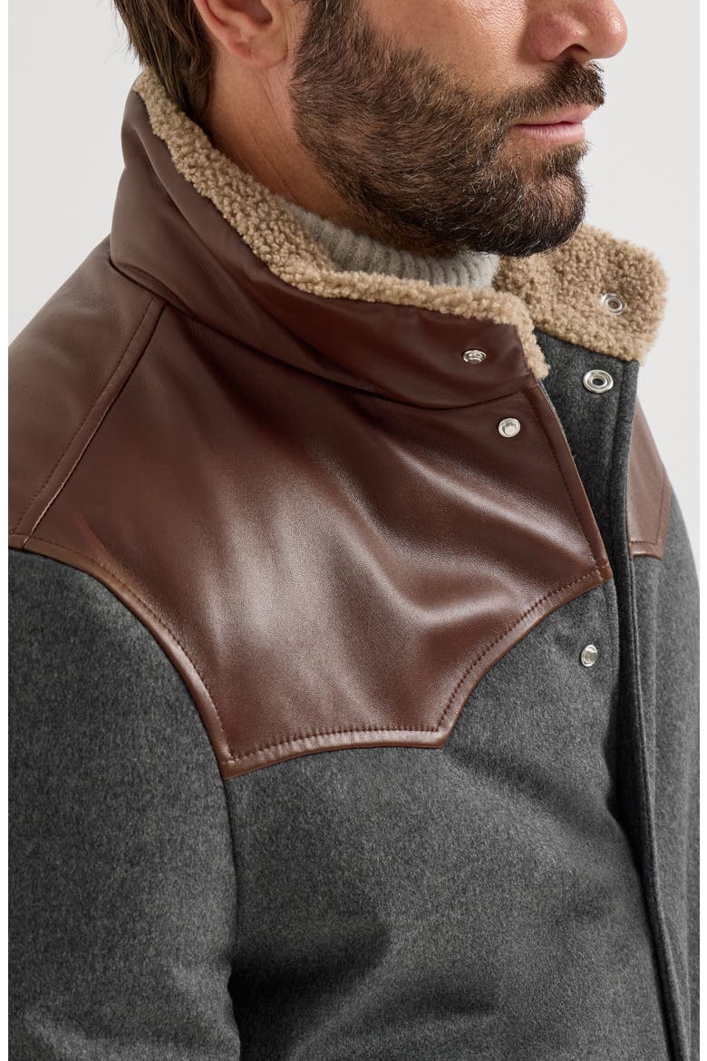 Bonded wool flannel paneled down jacket with shearling collar, Alternate, color, Dark Grey